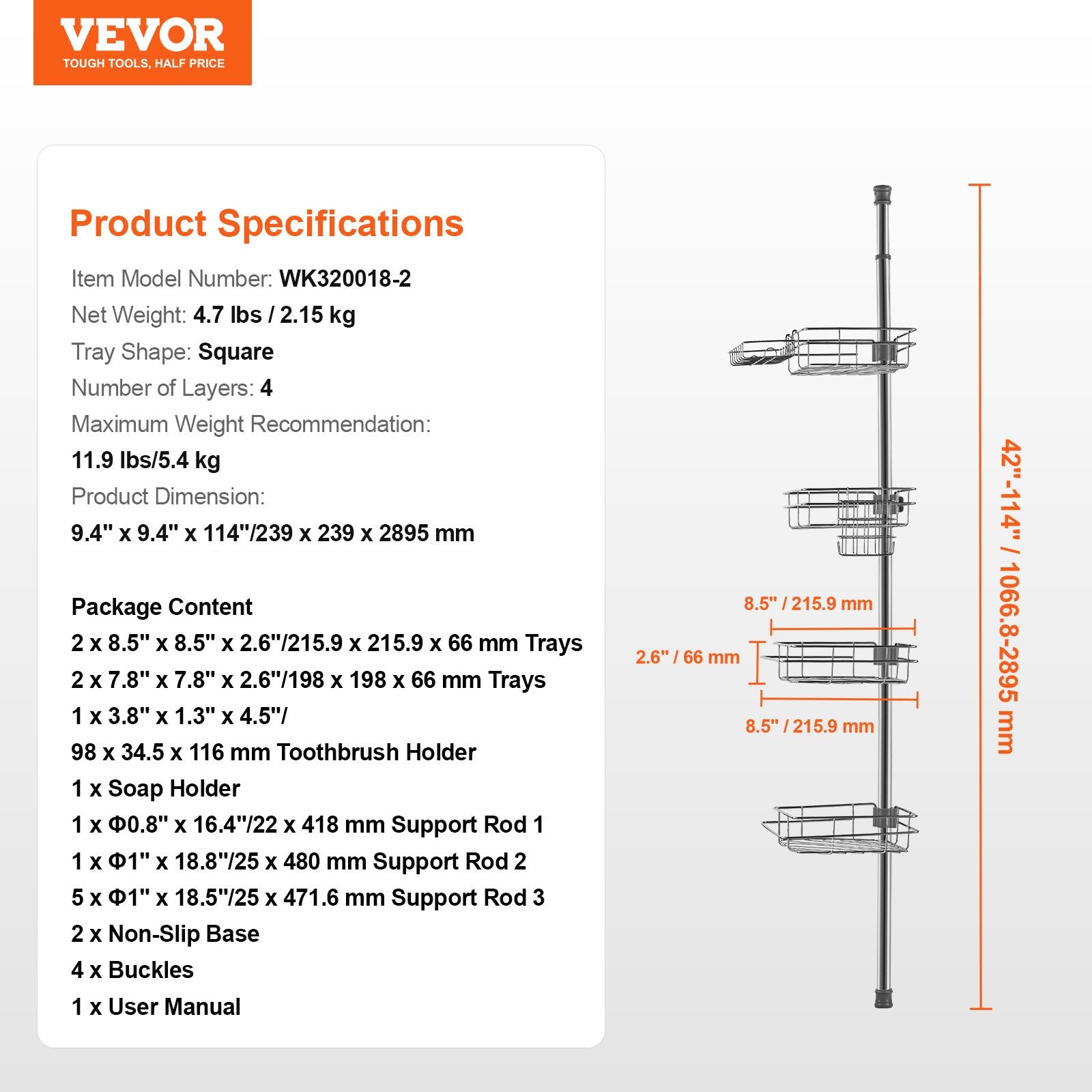 42" to 114" High Shower Corner Caddy Tension Pole Rust-Proof Tension Pole V952-SCTPBXGFXHDSL7FRUV0