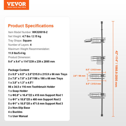 42" to 114" High Shower Corner Caddy Tension Pole Rust-Proof Tension Pole V952-SCTPBXGFXHDSL7FRUV0