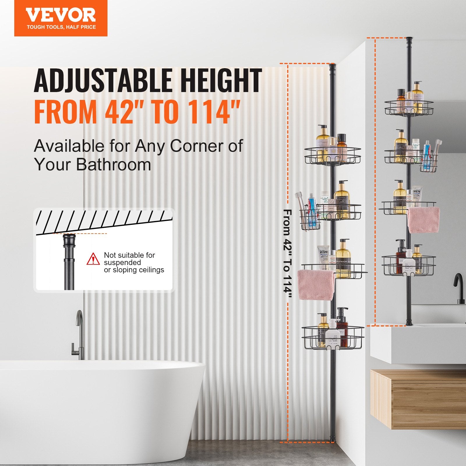 42" to 114" High Shower Corner Caddy Tension Pole Rust-Proof Tension Pole V952-SCTPBXGFXHDSPVSM7V0