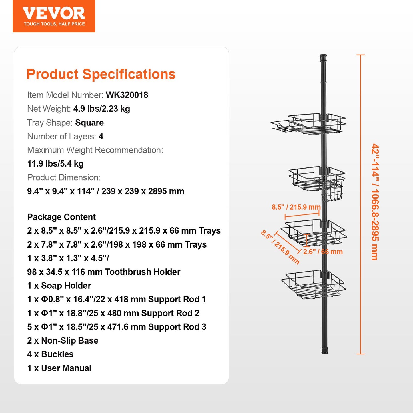 42" to 114" High Shower Corner Caddy Tension Pole Rust-Proof Tension Pole V952-SCTPBXGFXHDSPVSM7V0