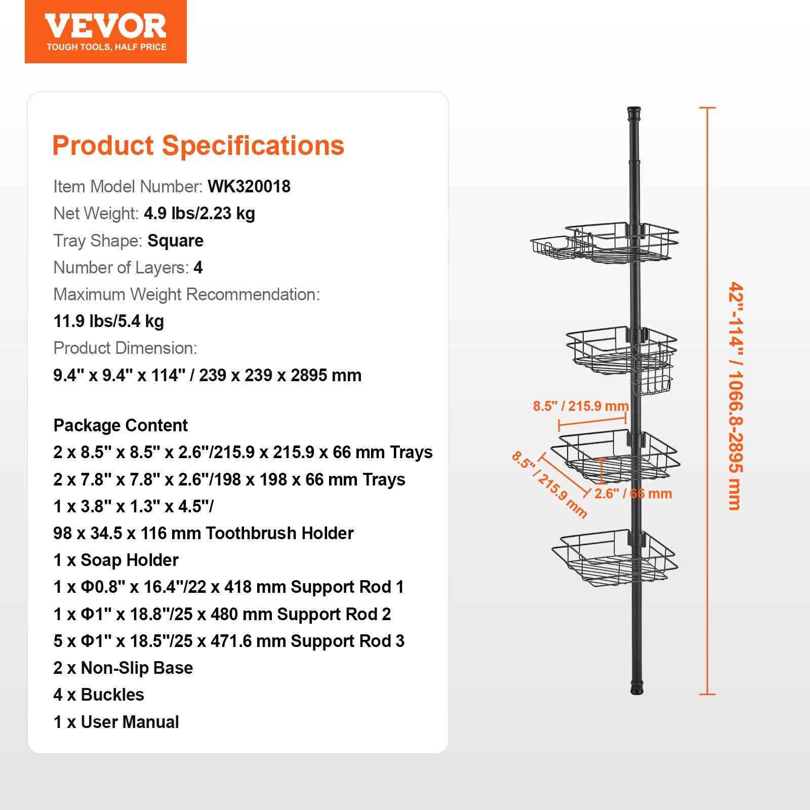 42" to 114" High Shower Corner Caddy Tension Pole Rust-Proof Tension Pole V952-SCTPBXGFXHDSPVSM7V0