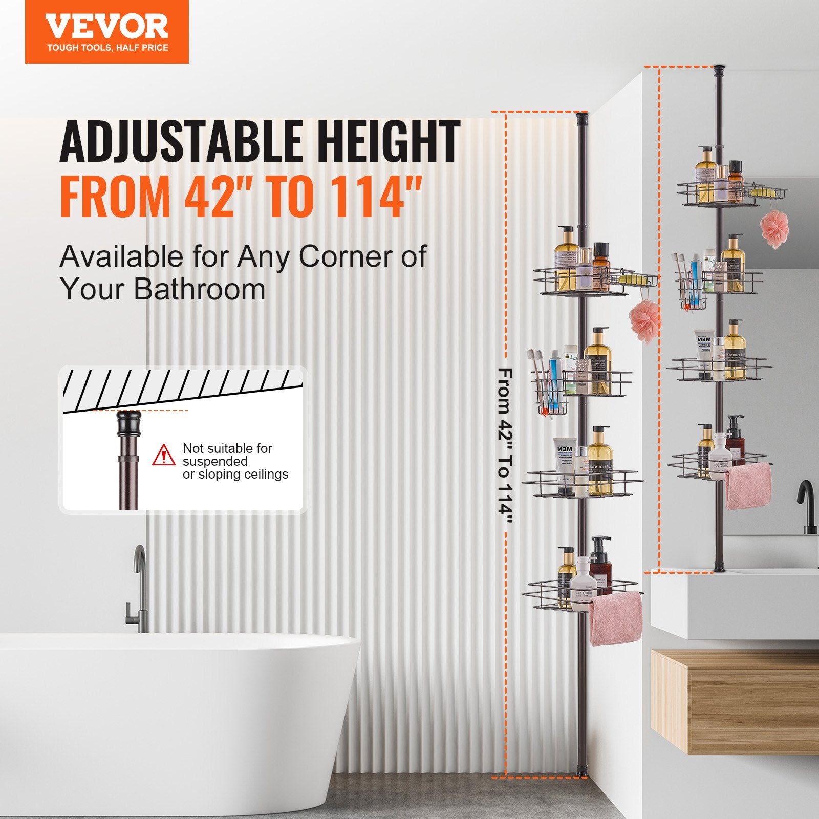 42" to 114" High Shower Corner Caddy Tension Pole Rust-Proof Tension Pole V952-SCTPBXGFXHDSUVNVIV0