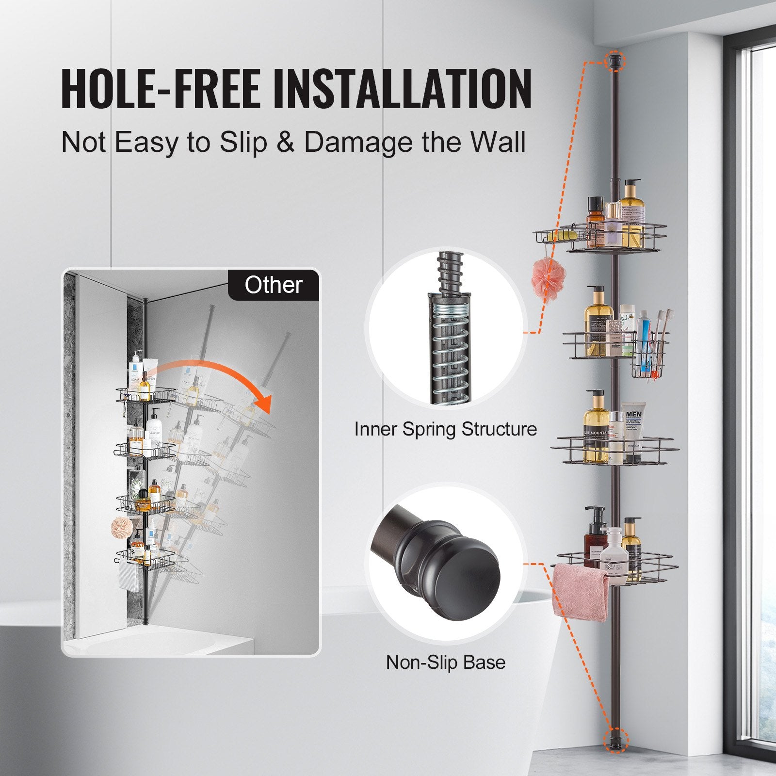 42" to 114" High Shower Corner Caddy Tension Pole Rust-Proof Tension Pole V952-SCTPBXGFXHDSUVNVIV0