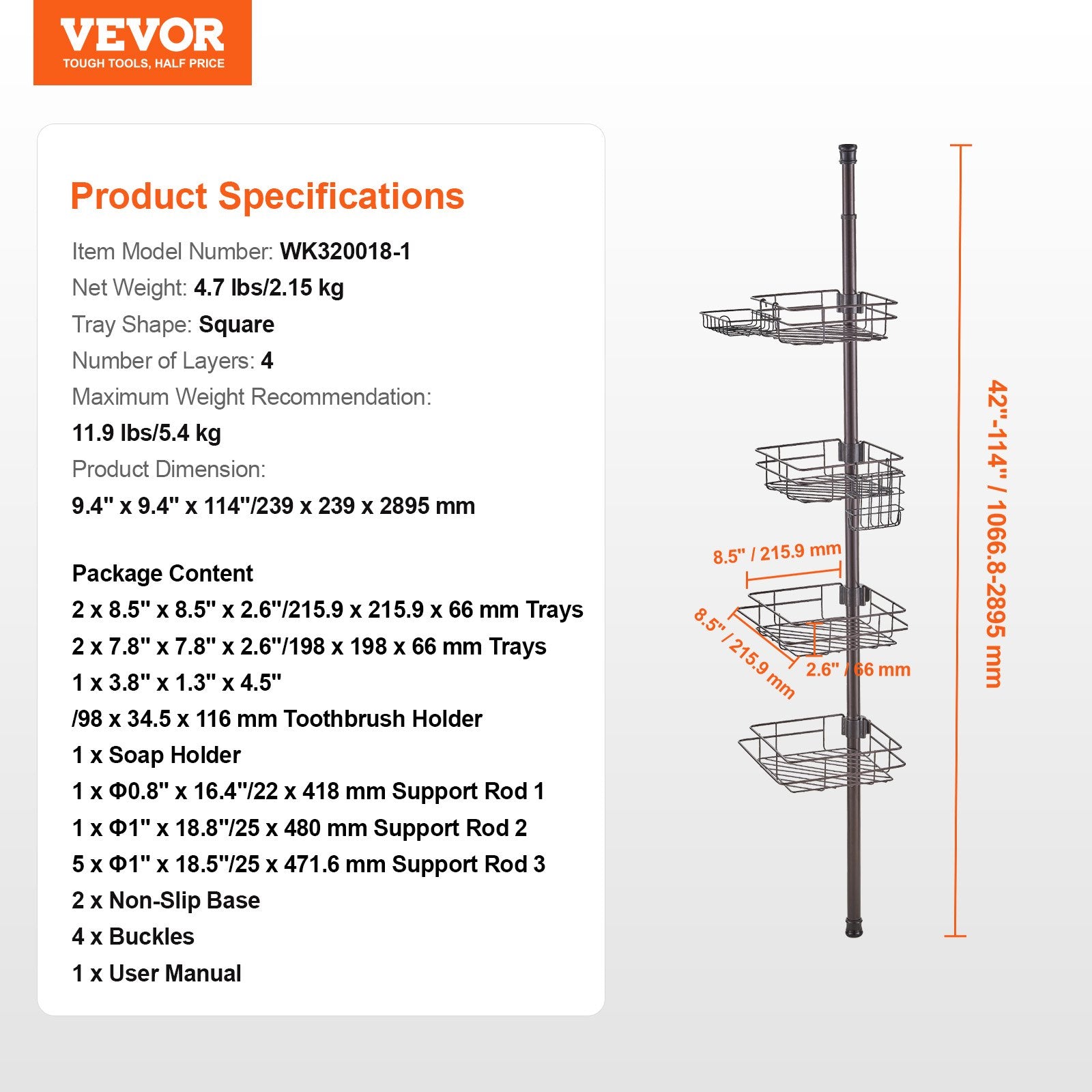 42" to 114" High Shower Corner Caddy Tension Pole Rust-Proof Tension Pole V952-SCTPBXGFXHDSUVNVIV0