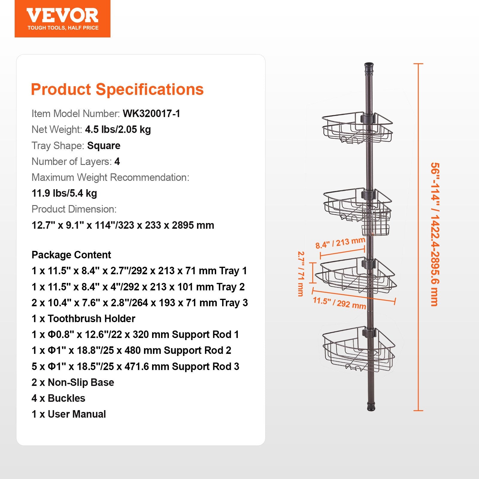 56" to 114" High Shower Corner Caddy Tension Pole Rust-Proof Tension Pole V952-SCTPBXGSXKKS98LR7V0