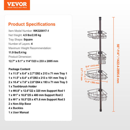 56" to 114" High Shower Corner Caddy Tension Pole Rust-Proof Tension Pole V952-SCTPBXGSXKKS98LR7V0