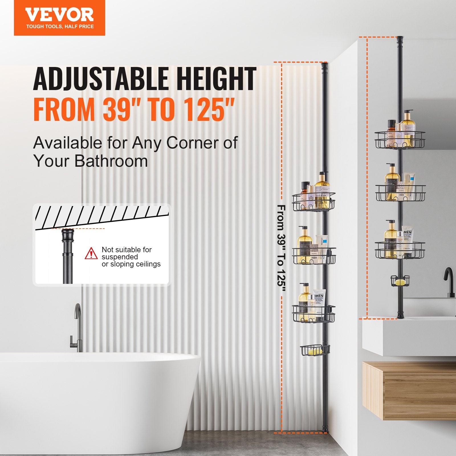 39" to 125" High Shower Corner Caddy Tension Pole Rust-Proof Tension Pole V952-SCTPHSBXGKKSTNM88V0