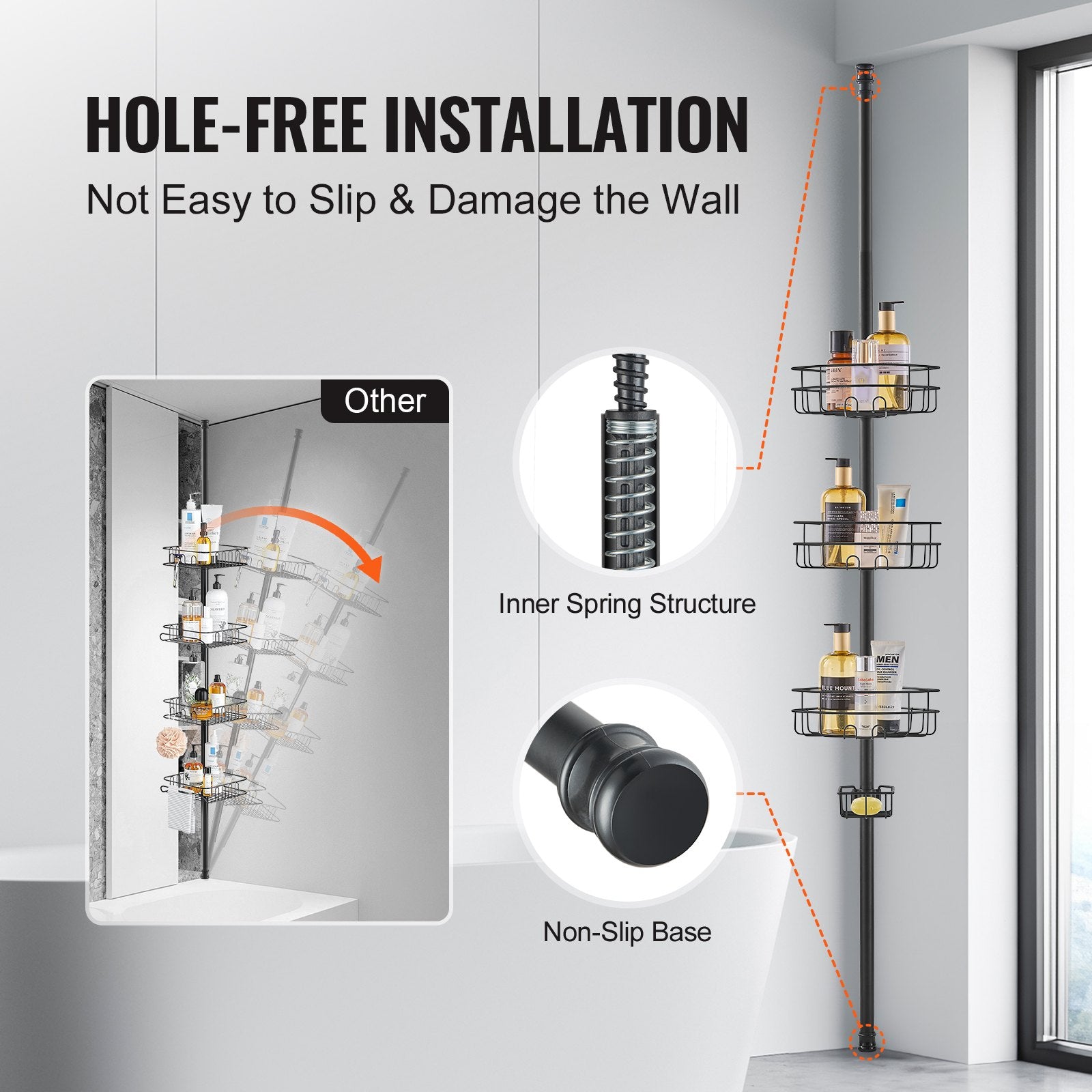 39" to 125" High Shower Corner Caddy Tension Pole Rust-Proof Tension Pole V952-SCTPHSBXGKKSTNM88V0