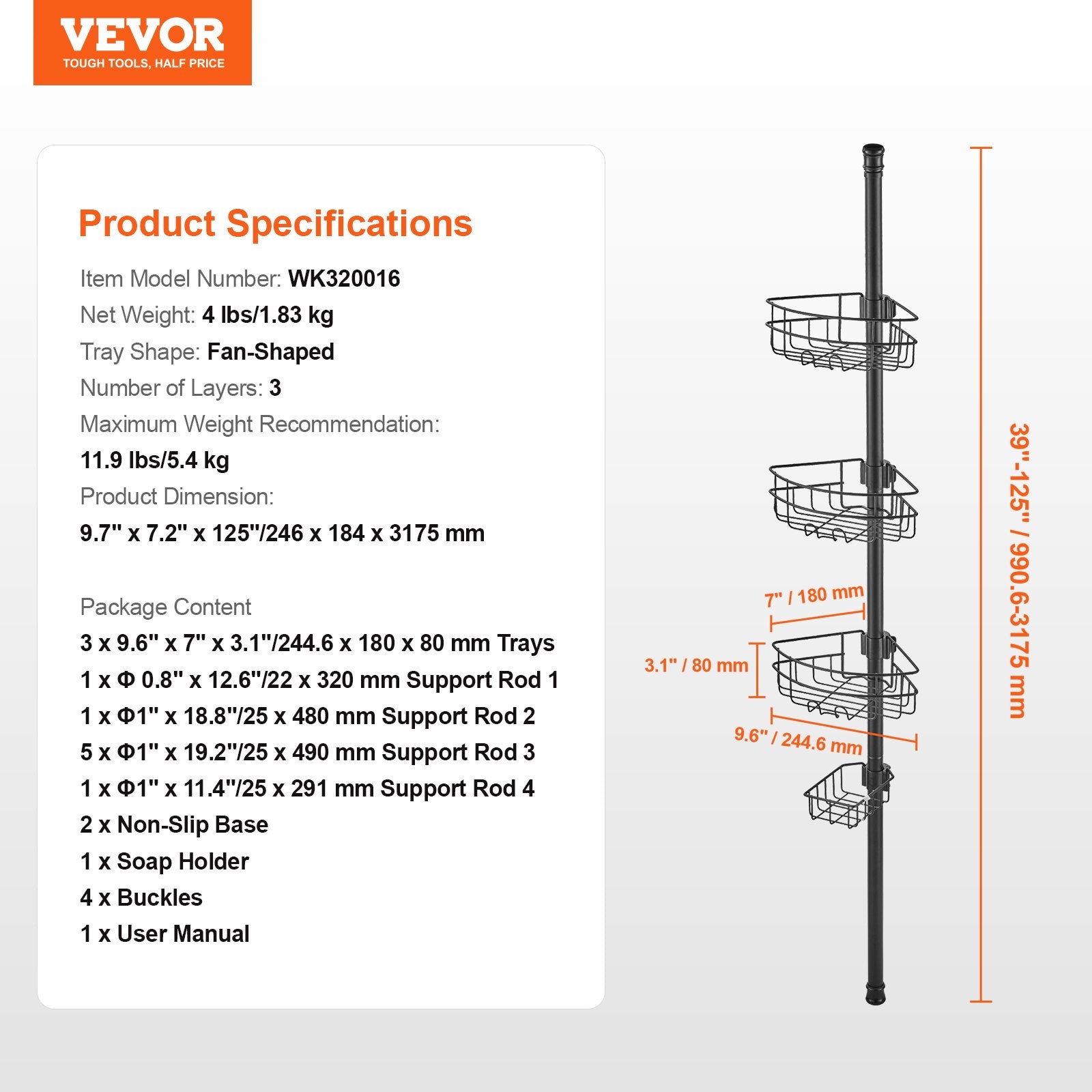39" to 125" High Shower Corner Caddy Tension Pole Rust-Proof Tension Pole V952-SCTPHSBXGKKSTNM88V0