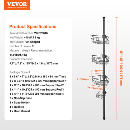 39" to 125" High Shower Corner Caddy Tension Pole Rust-Proof Tension Pole V952-SCTPHSBXGKKSTNM88V0