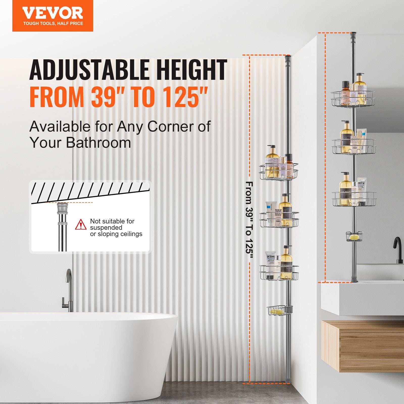 39" to 125" High Shower Corner Caddy Tension Pole Rust-Proof Tension Pole V952-SCTPYSBXGKKSAY5U6V0