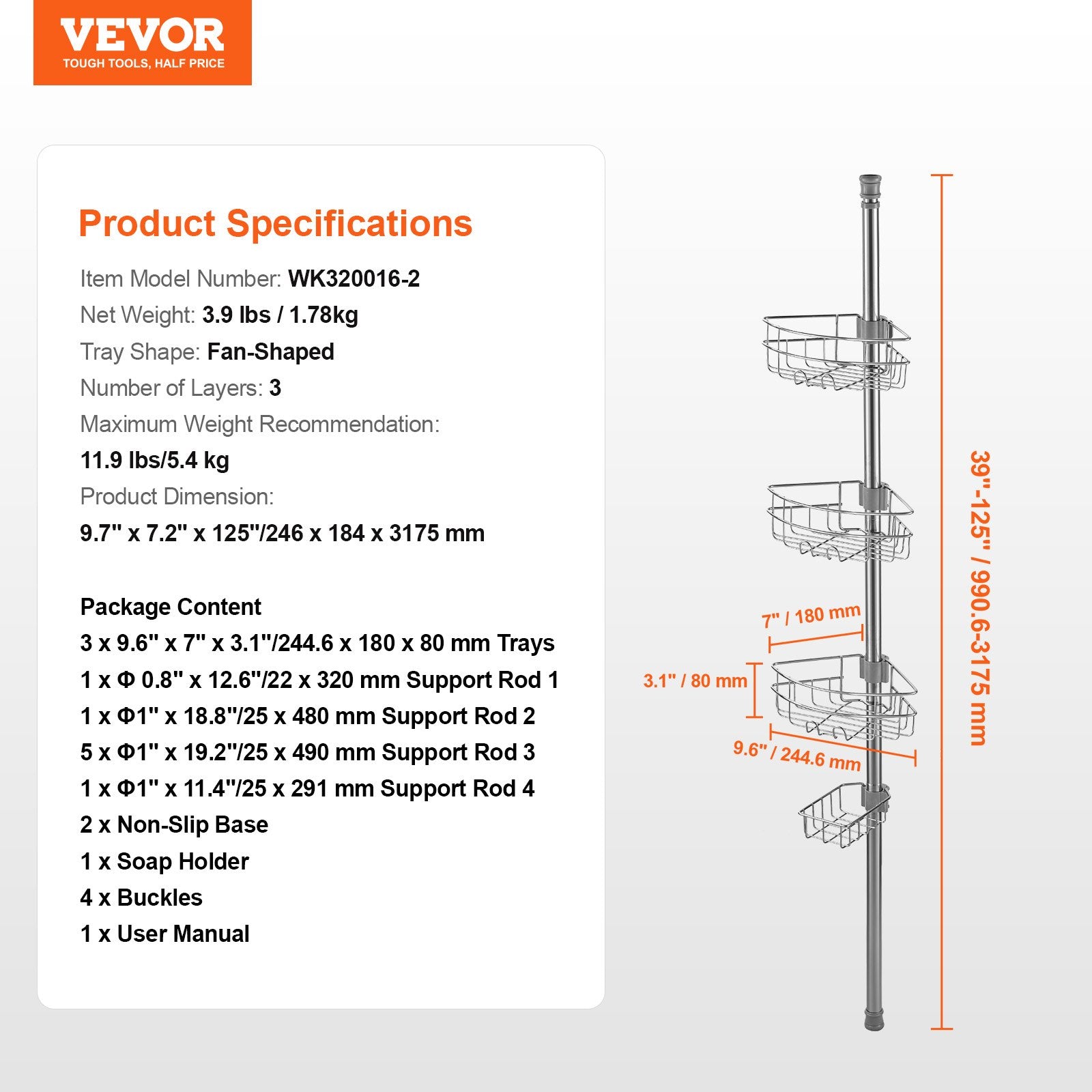 39" to 125" High Shower Corner Caddy Tension Pole Rust-Proof Tension Pole V952-SCTPYSBXGKKSAY5U6V0