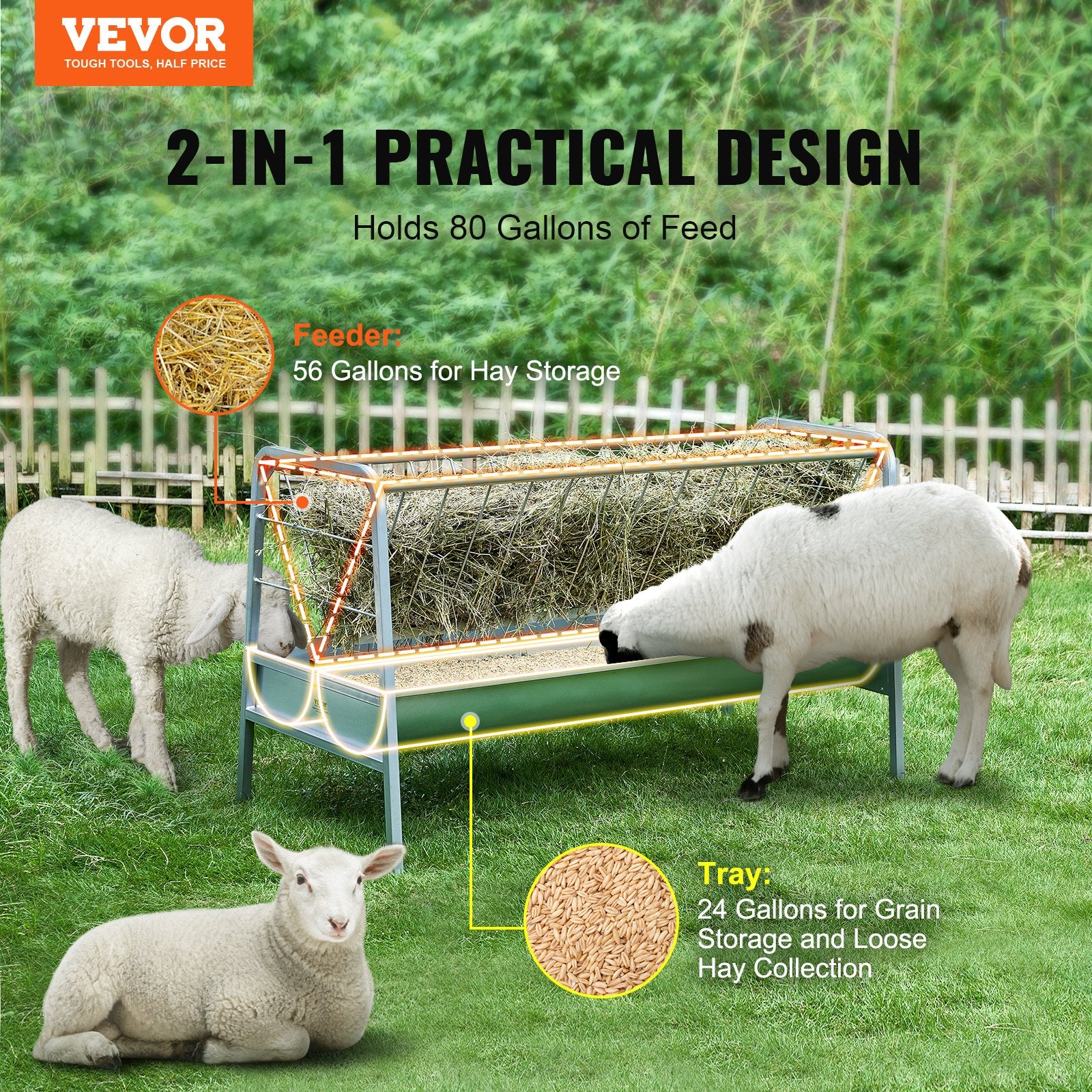 Livestock Hay Feeder, 2 in 1 Grain & Hay Feeder, 80-Gallon Capacity Pasture Feeder, 59" Long Goat Hay Feeder V952-SCWSQ5919633EY63VV0