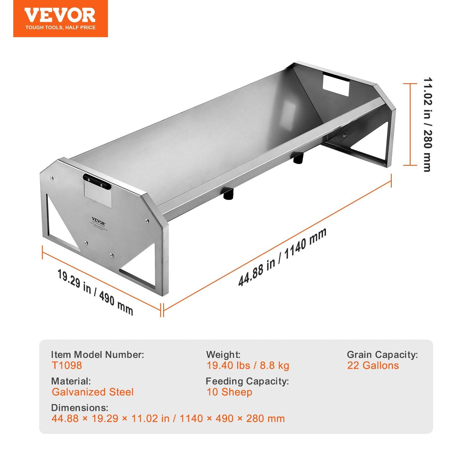 Livestock Feeding Trough, 22 Gallon Capacity, 45" Hay Feeder, Heavy Duty Steel Livestock Trough, Galvanized V952-SCWSQCSWSQ45LEOTGV0