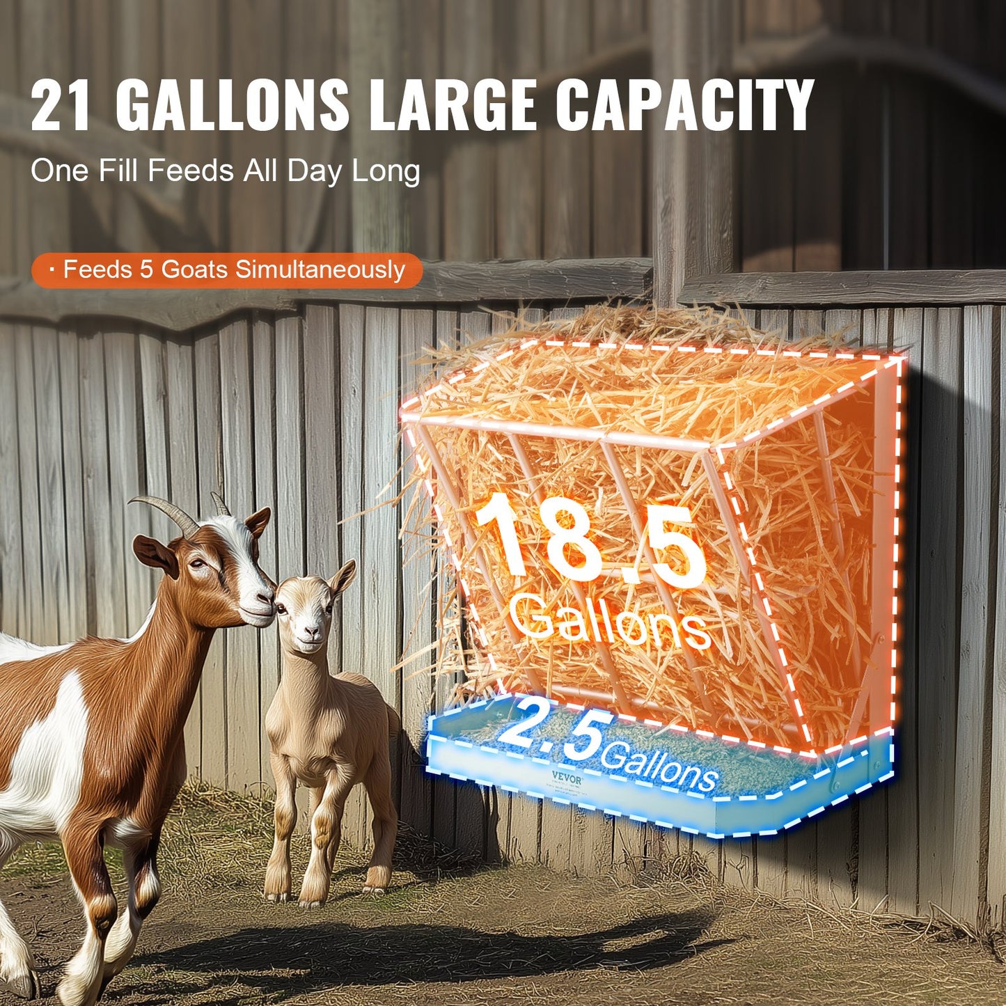 Goat Hay Feeder, 21 Gallons Large Capacity, 2 in 1 Hay and Grain Feeder, Wall Mounted Livestock Feeder with V952-SCWSQEHYBGSWCN87VV0