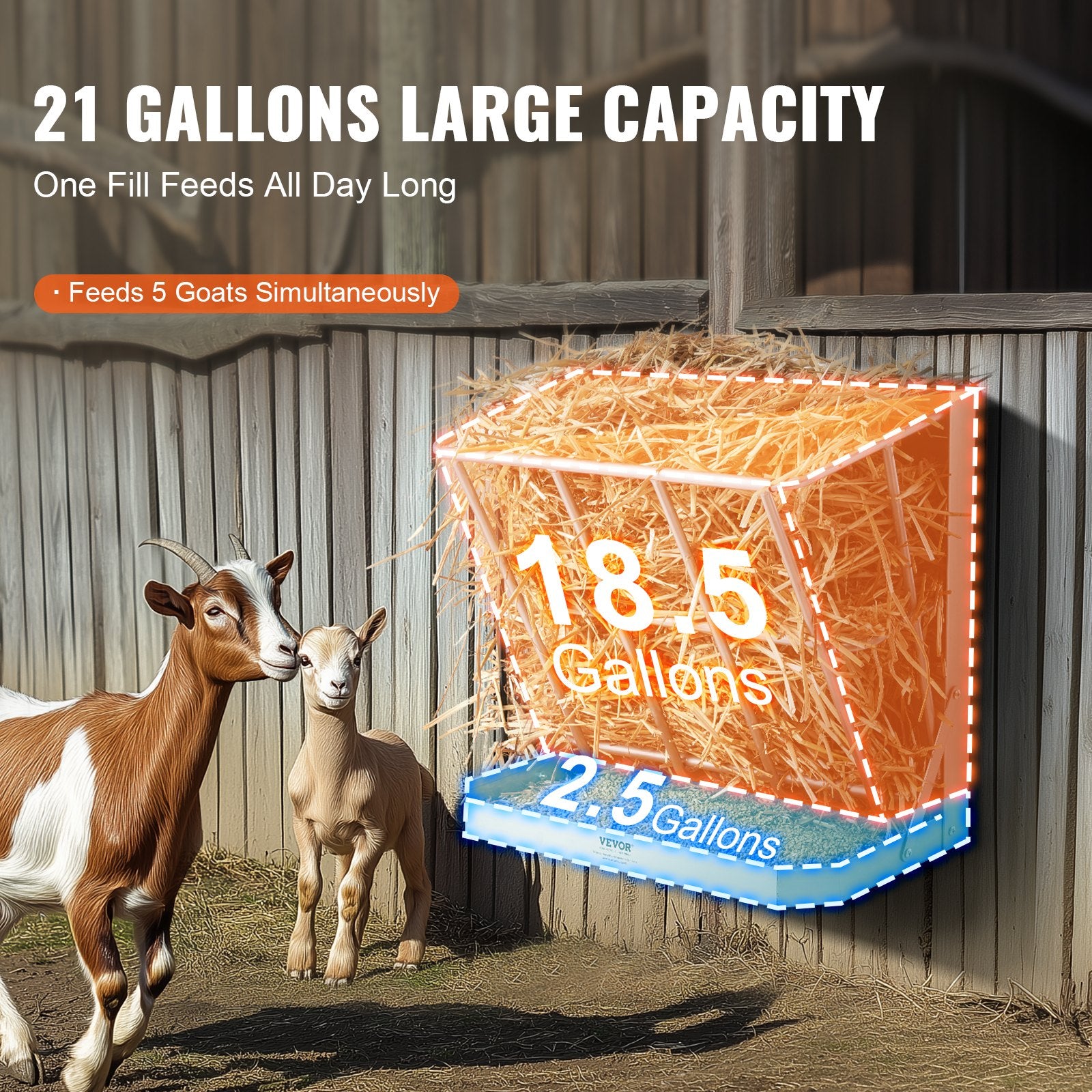Goat Hay Feeder, 21 Gallons Large Capacity, 2 in 1 Hay and Grain Feeder, Wall Mounted Livestock Feeder with V952-SCWSQEHYBGSWCN87VV0