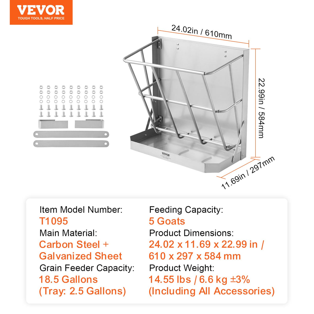 Goat Hay Feeder, 21 Gallons Large Capacity, 2 in 1 Hay and Grain Feeder, Wall Mounted Livestock Feeder with V952-SCWSQEHYBGSWCN87VV0