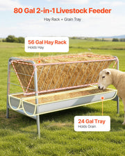 Livestock Hay Feeder, 2 in 1 Grain & Hay Feeder, 300L Capacity, 147 cm Long Goat Pasture Feeding with Deeper V952-SCWSQEHYLSWS4S2F8001V0