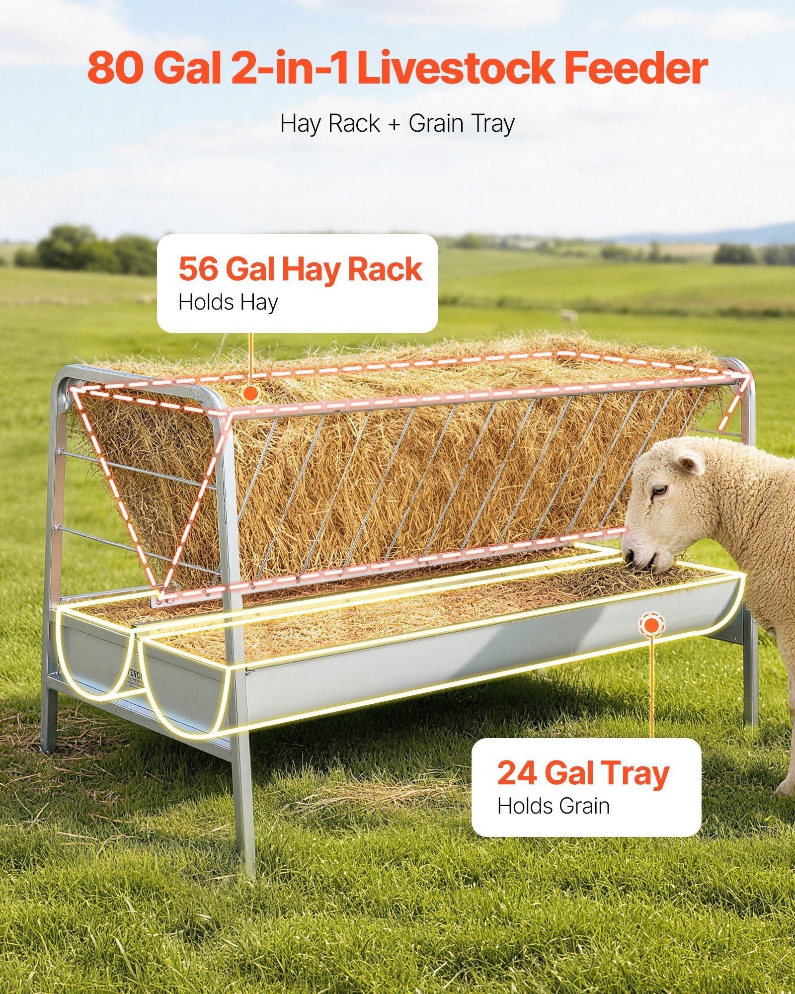 Livestock Hay Feeder, 2 in 1 Grain & Hay Feeder, 300L Capacity, 147 cm Long Goat Pasture Feeding with Deeper V952-SCWSQEHYLSWS4S2F8001V0