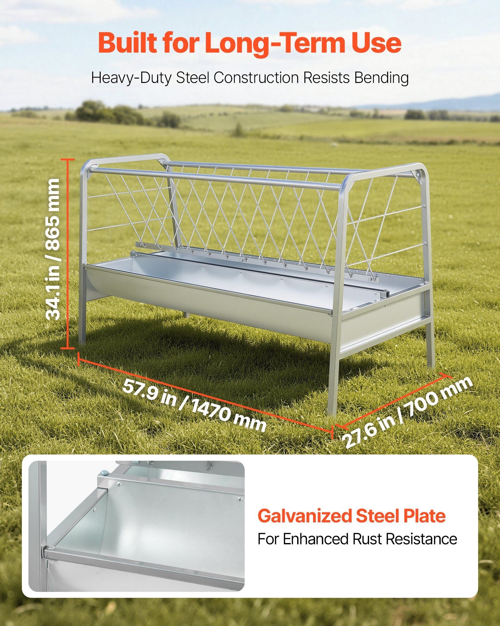 Livestock Hay Feeder, 2 in 1 Grain & Hay Feeder, 300L Capacity, 147 cm Long Goat Pasture Feeding with Deeper V952-SCWSQEHYLSWS4S2F8001V0