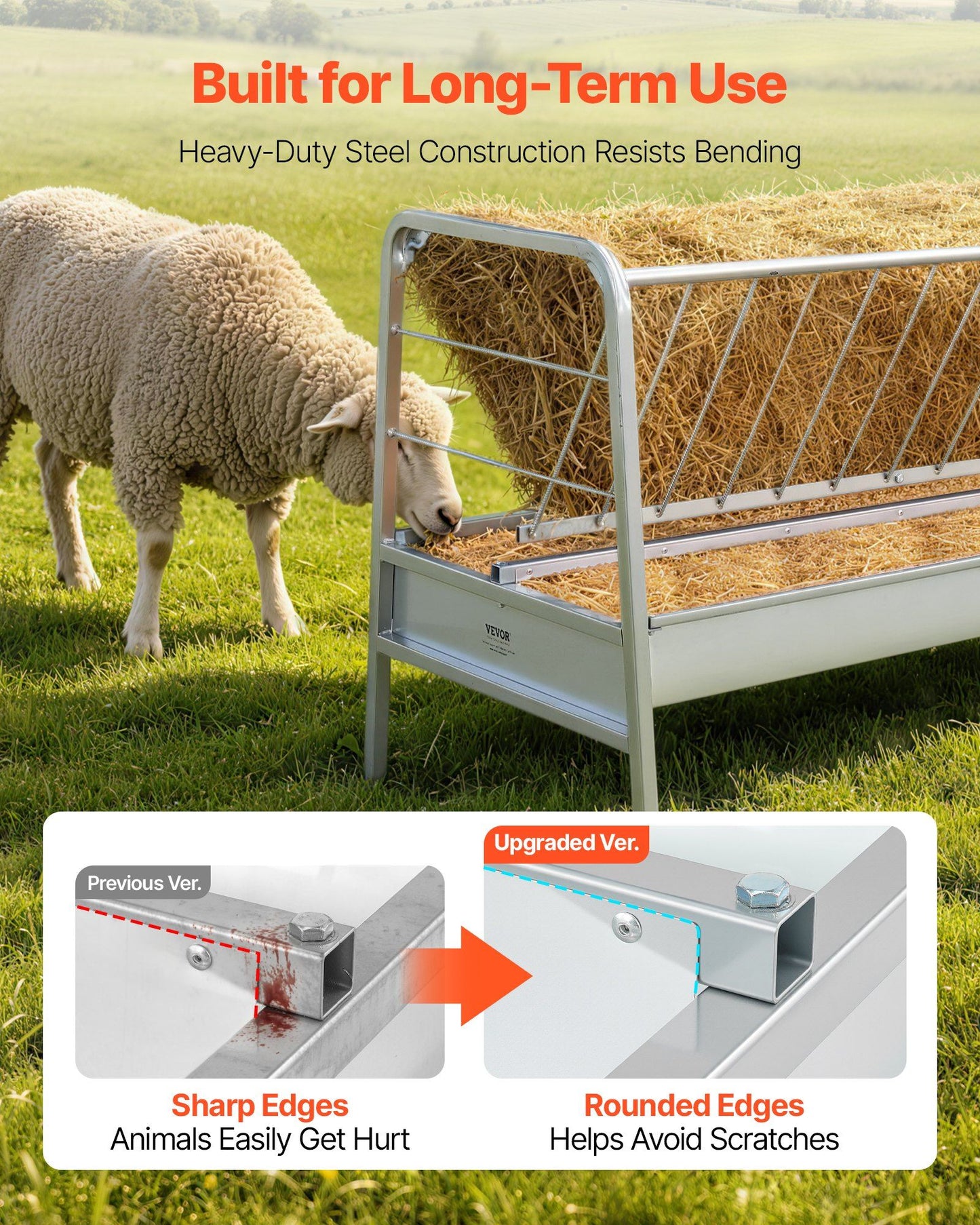 Livestock Hay Feeder, 2 in 1 Grain & Hay Feeder, 300L Capacity, 147 cm Long Goat Pasture Feeding with Deeper V952-SCWSQEHYLSWS4S2F8001V0