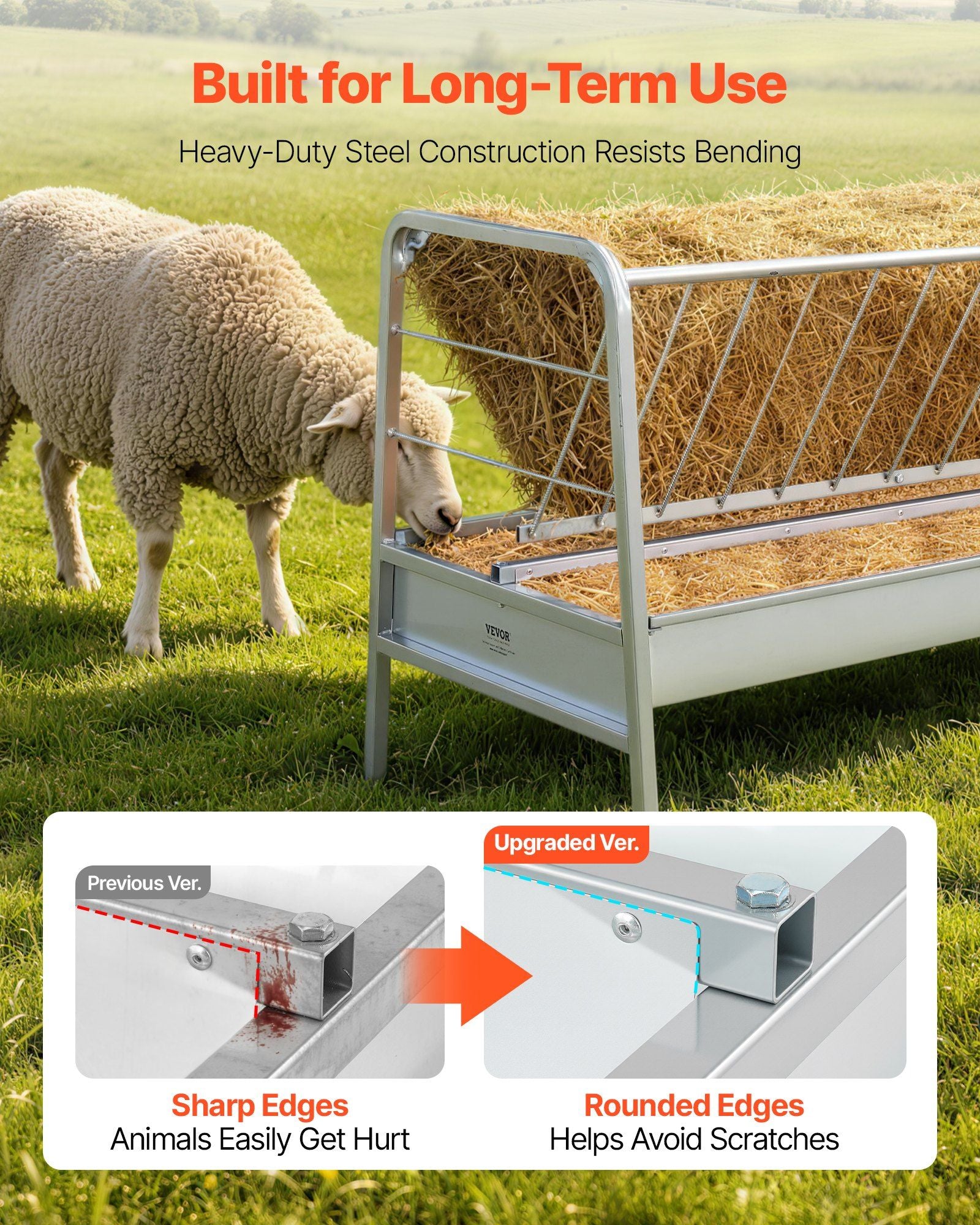 Livestock Hay Feeder, 2 in 1 Grain & Hay Feeder, 300L Capacity, 147 cm Long Goat Pasture Feeding with Deeper V952-SCWSQEHYLSWS4S2F8001V0