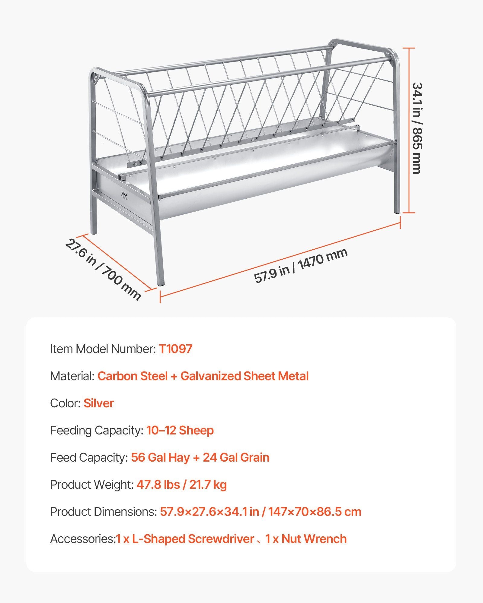 Livestock Hay Feeder, 2 in 1 Grain & Hay Feeder, 300L Capacity, 147 cm Long Goat Pasture Feeding with Deeper V952-SCWSQEHYLSWS4S2F8001V0