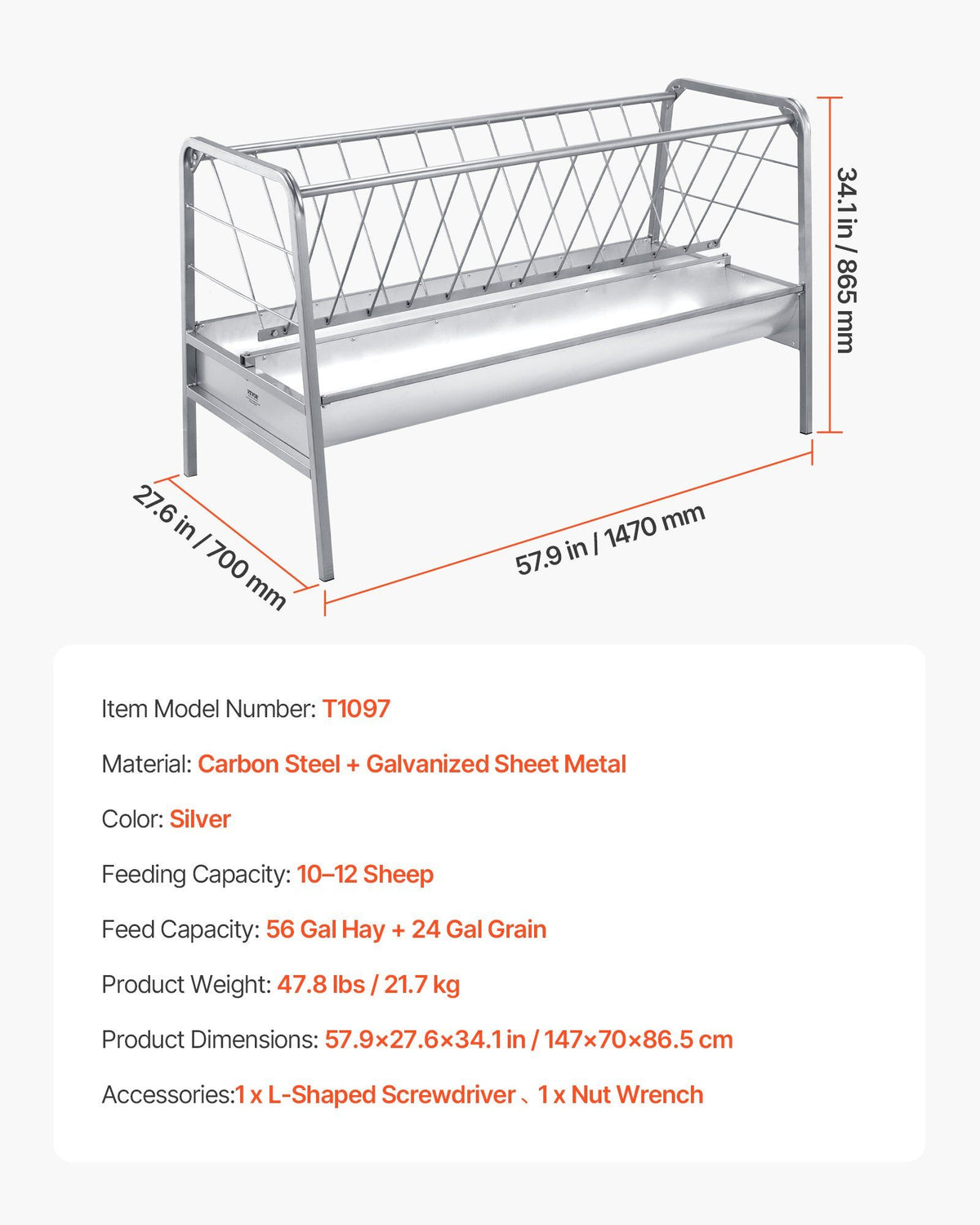 Livestock Hay Feeder, 2 in 1 Grain & Hay Feeder, 300L Capacity, 147 cm Long Goat Pasture Feeding with Deeper V952-SCWSQEHYLSWS4S2F8001V0