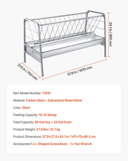 Livestock Hay Feeder, 2 in 1 Grain & Hay Feeder, 300L Capacity, 147 cm Long Goat Pasture Feeding with Deeper V952-SCWSQEHYLSWS4S2F8001V0