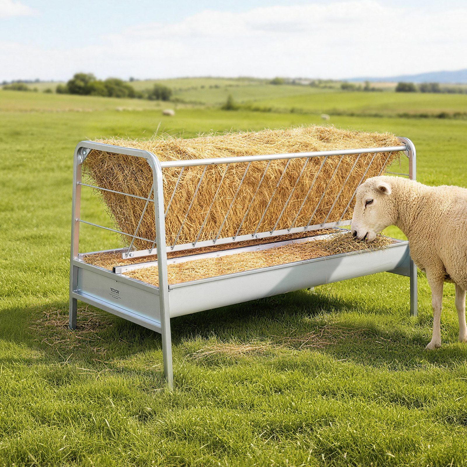 Livestock Hay Feeder, 2 in 1 Grain & Hay Feeder, 300L Capacity, 147 cm Long Goat Pasture Feeding with Deeper V952-SCWSQEHYLSWS4S2F8001V0