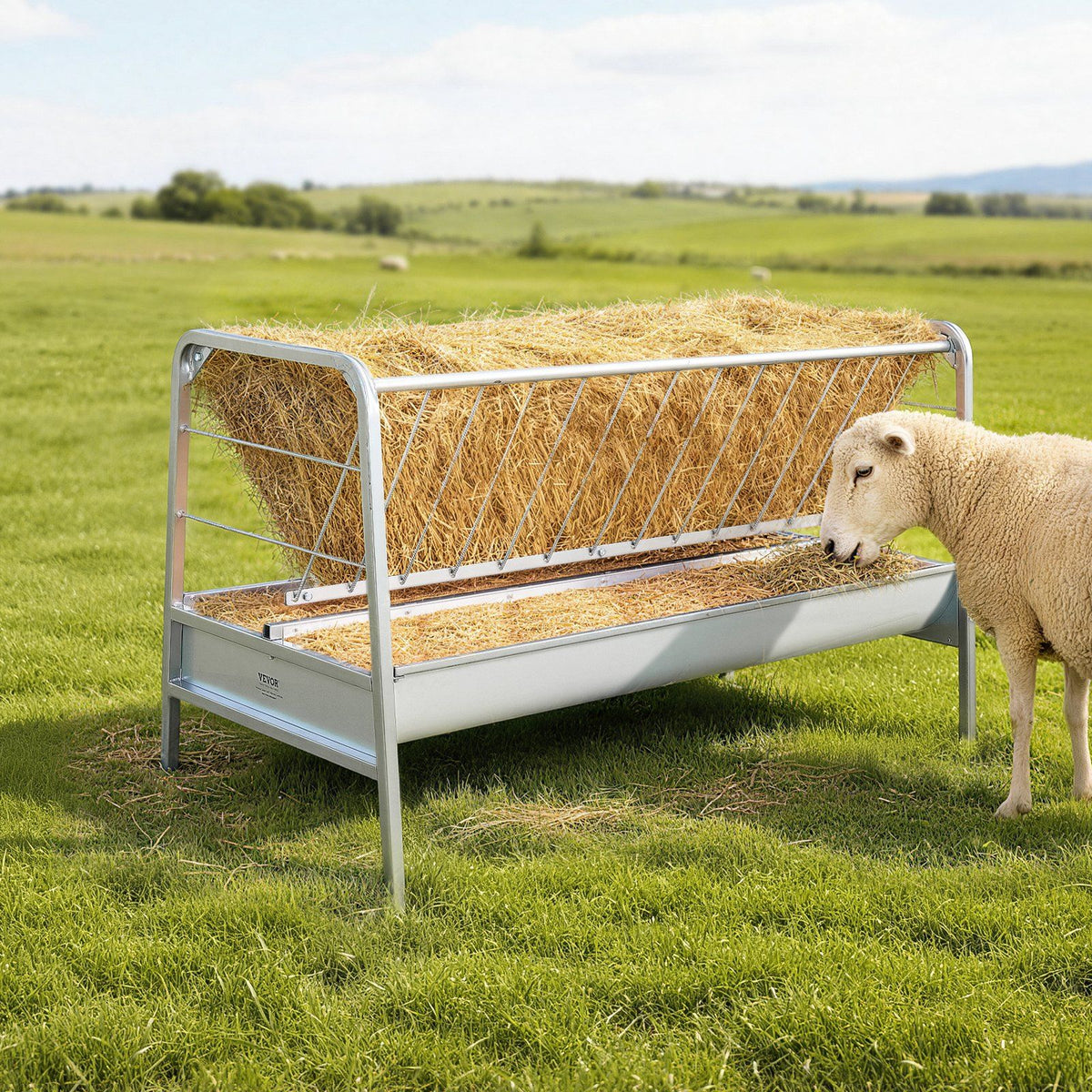 Livestock Hay Feeder, 2 in 1 Grain & Hay Feeder, 300L Capacity, 147 cm Long Goat Pasture Feeding with Deeper V952-SCWSQEHYLSWS4S2F8001V0