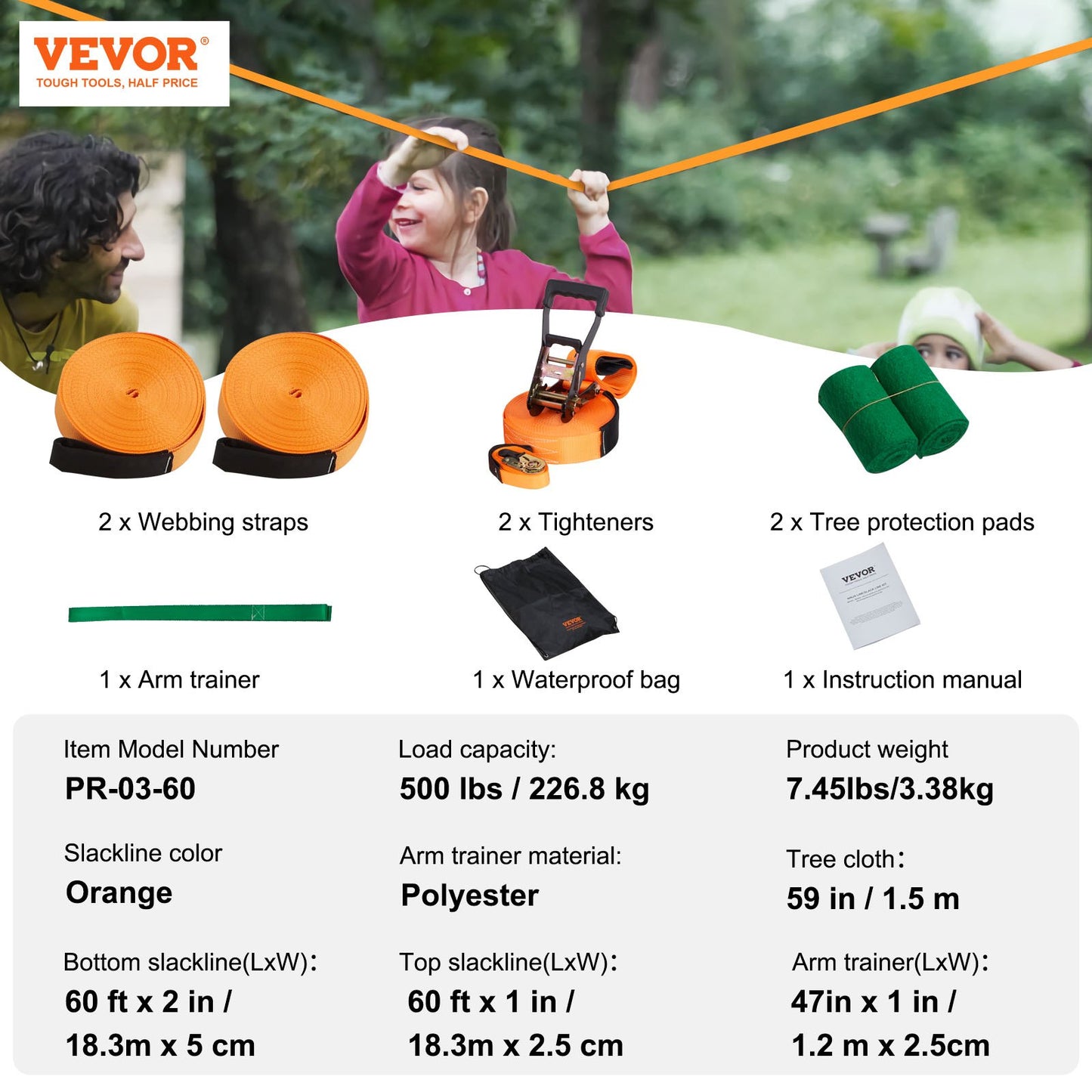 Slackline Kit with Training Line, 18.3m Backyard Slack Line Equipment, Easy Setup Tight Rope for Kids Adults, V952-SCXTJ60YCSBX8AGABV0