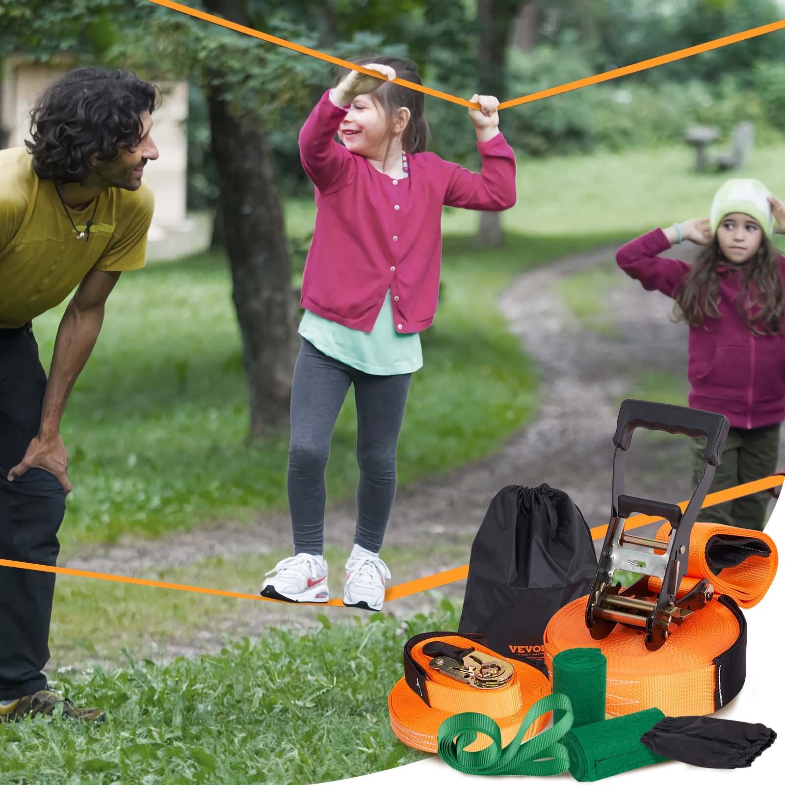Slackline Kit with Training Line, 18.3m Backyard Slack Line Equipment, Easy Setup Tight Rope for Kids Adults, V952-SCXTJ60YCSBX8AGABV0