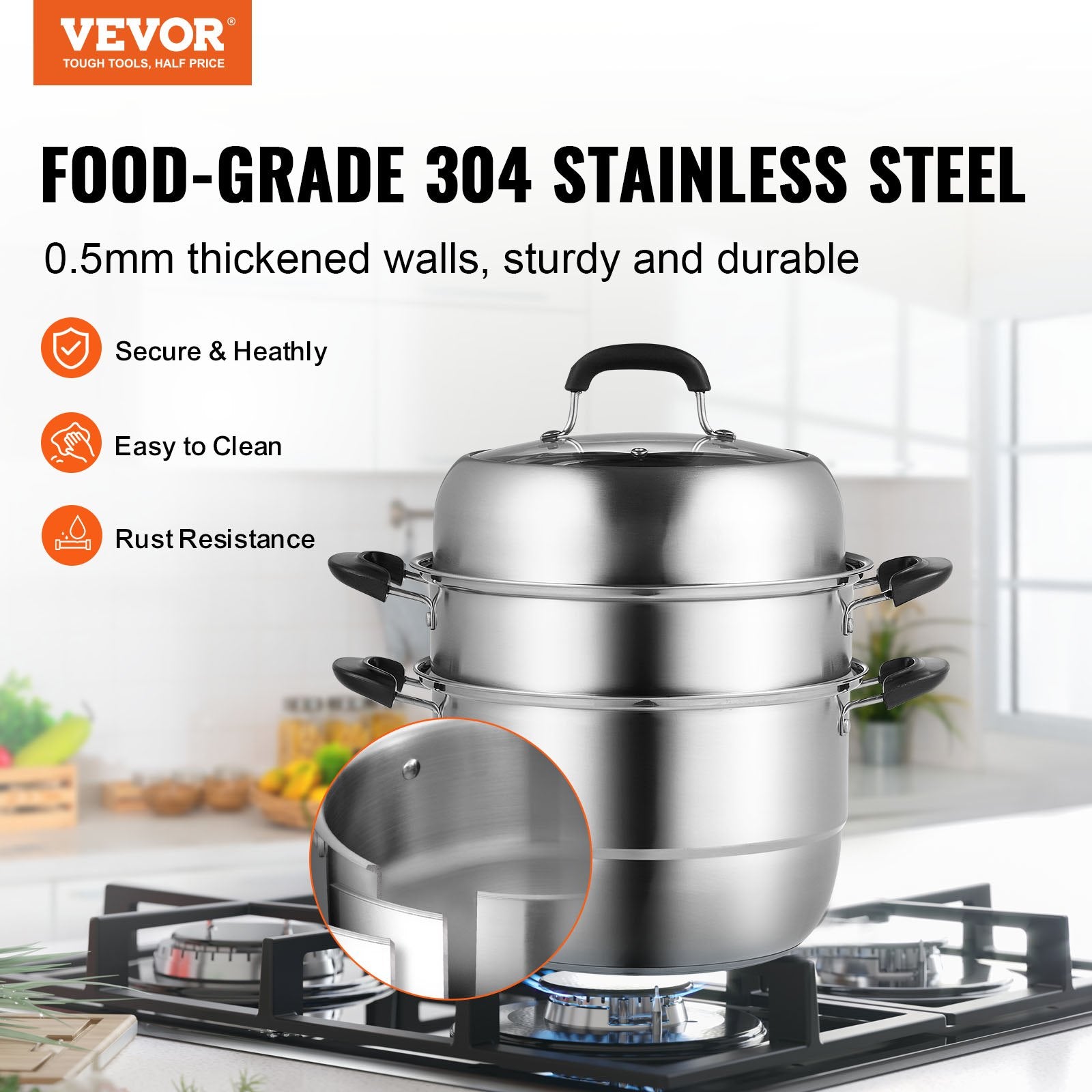 Steamer Pot, 28cm Steamer Pot for Cooking with 8.5QT Stock Pot, Vegetable Steamer & 2 Steaming Grid, 3-Layer V952-SCZG28CM0000NDJSGV0
