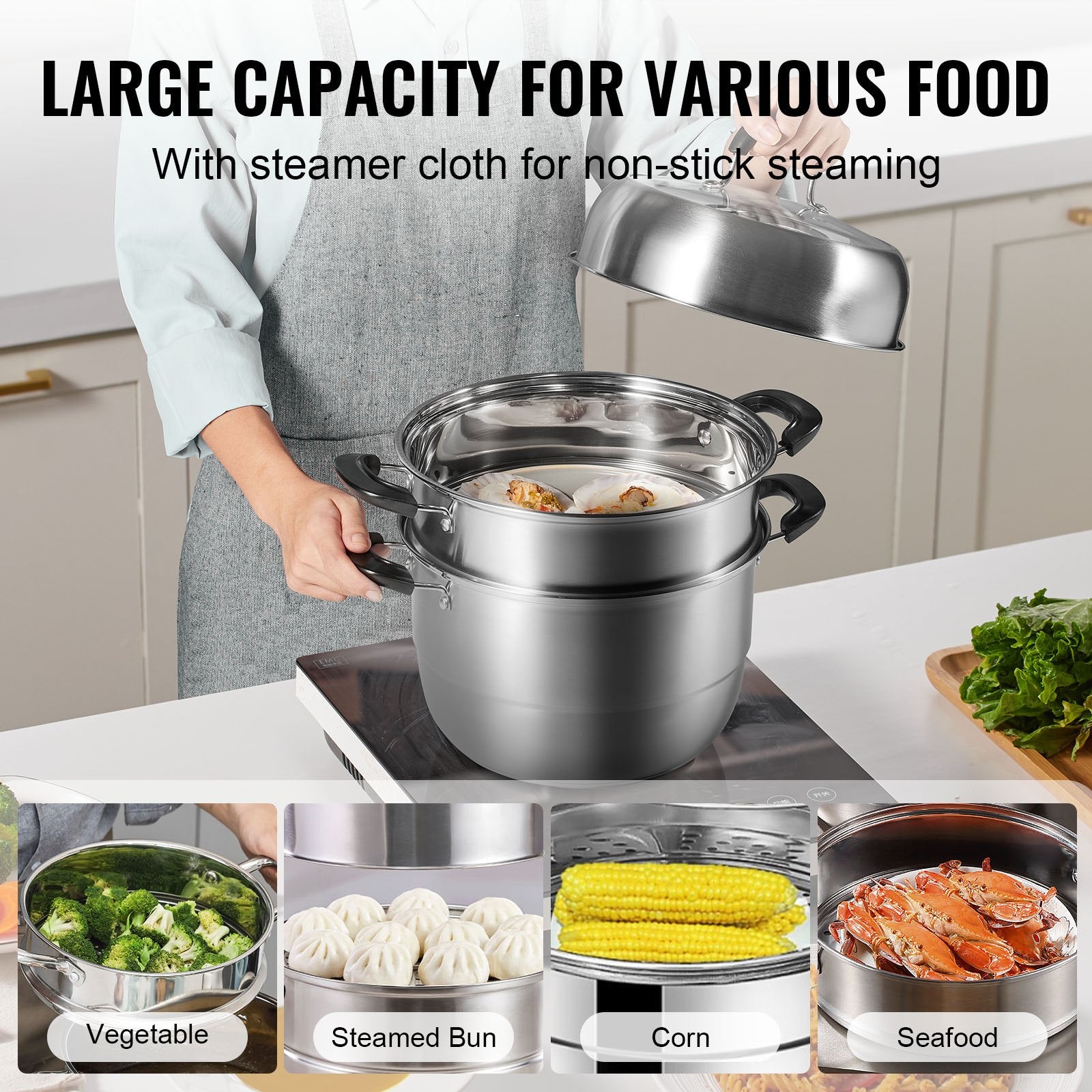 Steamer Pot, 28cm Steamer Pot for Cooking with 8.5QT Stock Pot, Vegetable Steamer & 2 Steaming Grid, 3-Layer V952-SCZG28CM0000NDJSGV0