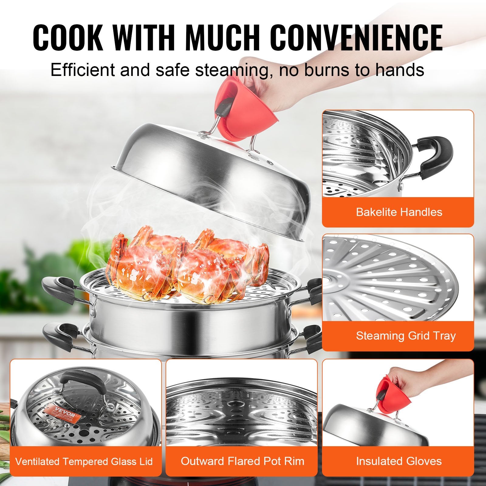 Steamer Pot, 28cm Steamer Pot for Cooking with 8.5QT Stock Pot, Vegetable Steamer & 2 Steaming Grid, 3-Layer V952-SCZG28CM0000NDJSGV0