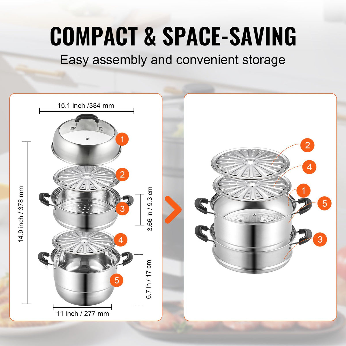 Steamer Pot, 28cm Steamer Pot for Cooking with 8.5QT Stock Pot, Vegetable Steamer & 2 Steaming Grid, 3-Layer V952-SCZG28CM0000NDJSGV0