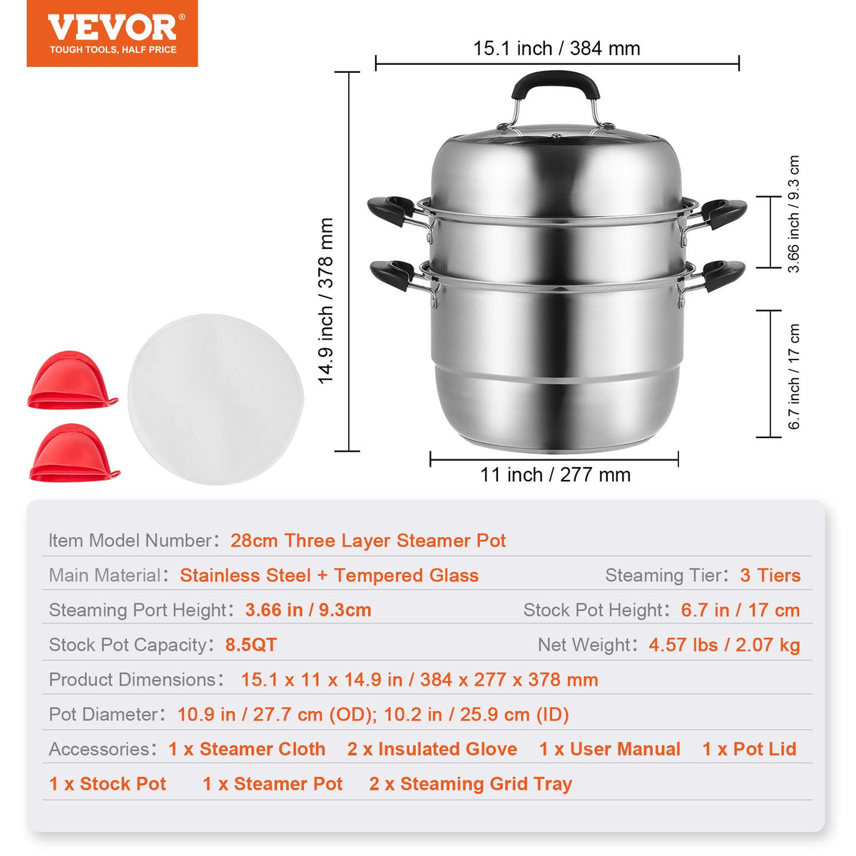 Steamer Pot, 28cm Steamer Pot for Cooking with 8.5QT Stock Pot, Vegetable Steamer & 2 Steaming Grid, 3-Layer V952-SCZG28CM0000NDJSGV0