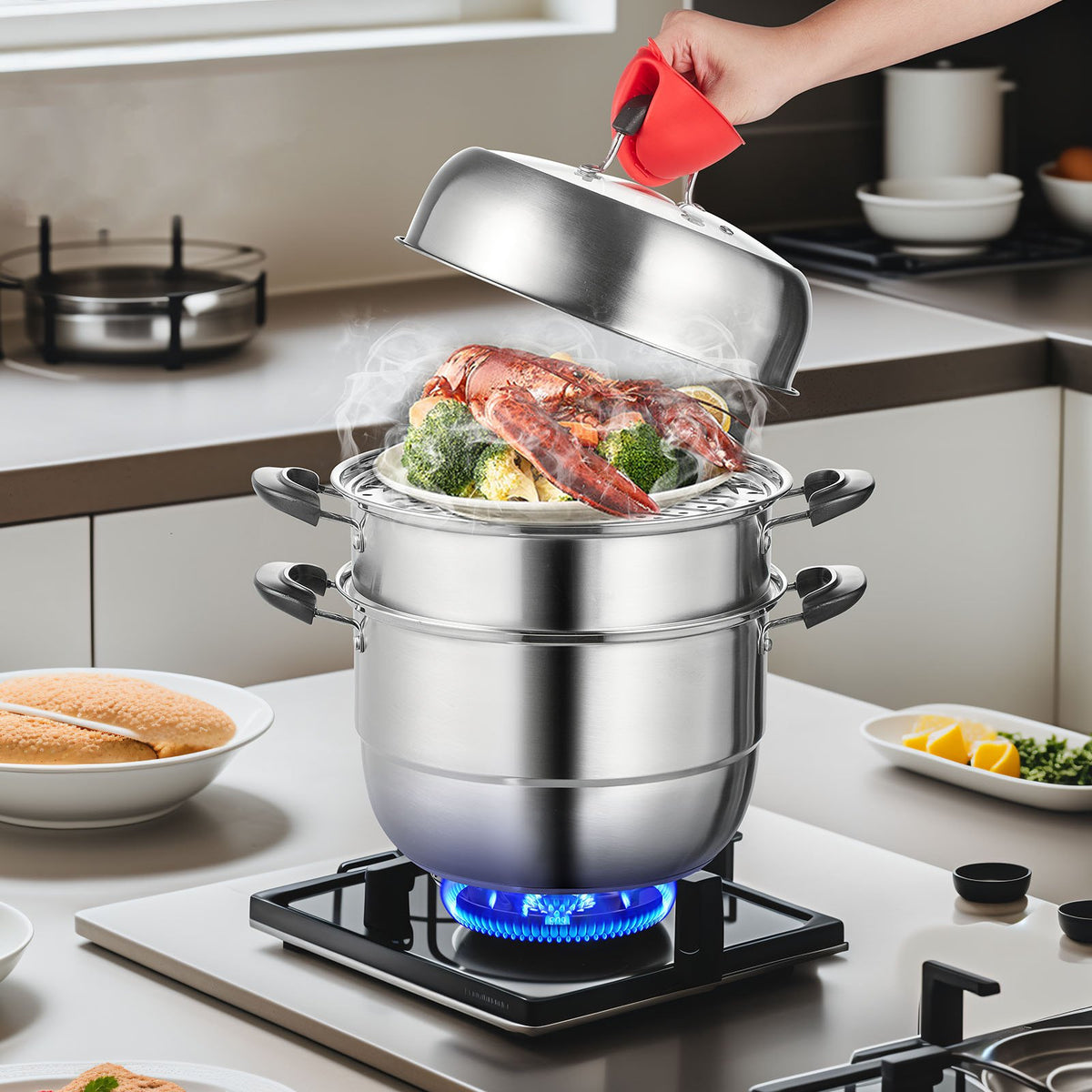 Steamer Pot, 28cm Steamer Pot for Cooking with 8.5QT Stock Pot, Vegetable Steamer & 2 Steaming Grid, 3-Layer V952-SCZG28CM0000NDJSGV0