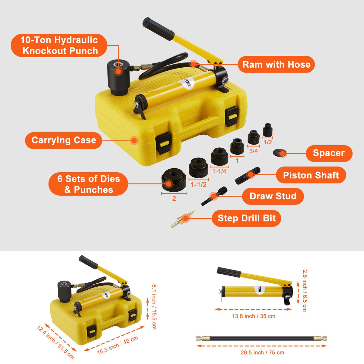 10 Ton Hydraulic Knockout Punch Kit, 1/2" to 2" Conduit Hole Cutter Set, KO Tool Kits with Puncher 6 Piece, V952-SD10T240CR2MMKGY6V0