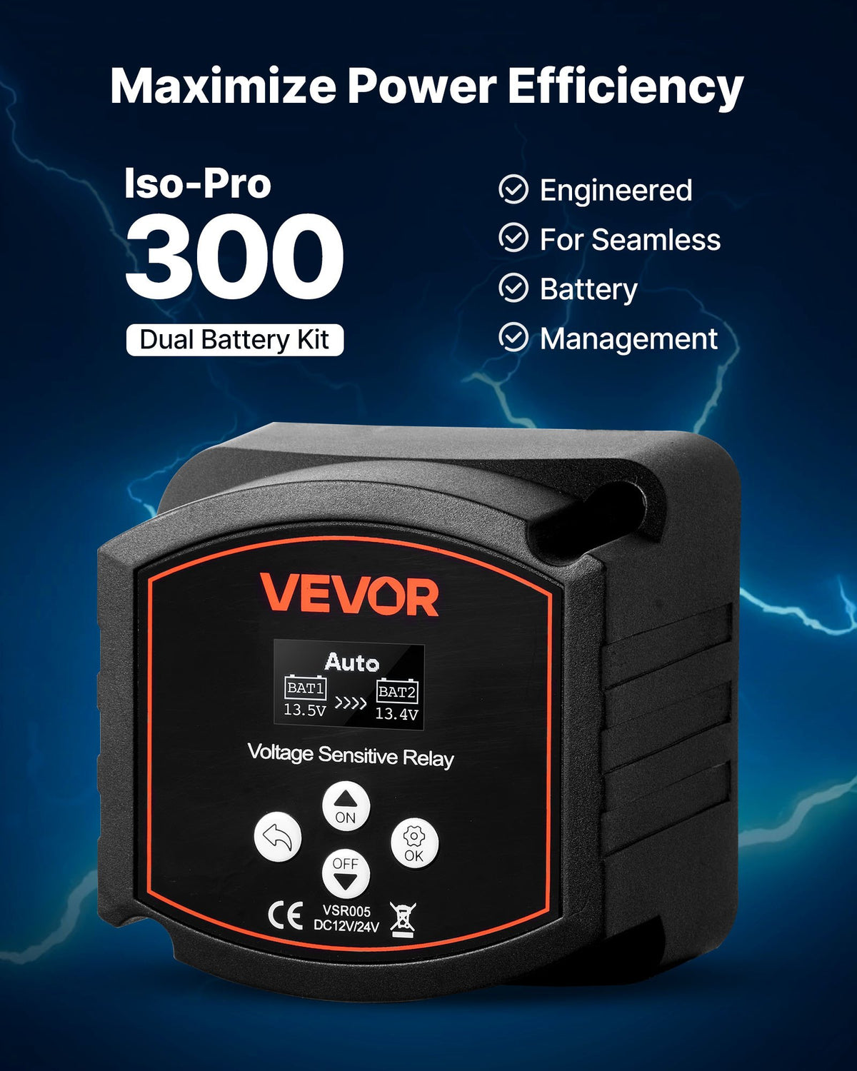 Dual Battery Isolator, 12V 300 Amp, Manual and Automatic VSR Voltage Sensitive Relay with LCD Screen, Smart V952-SDCGLJDQDJQS8Q4OL001V9