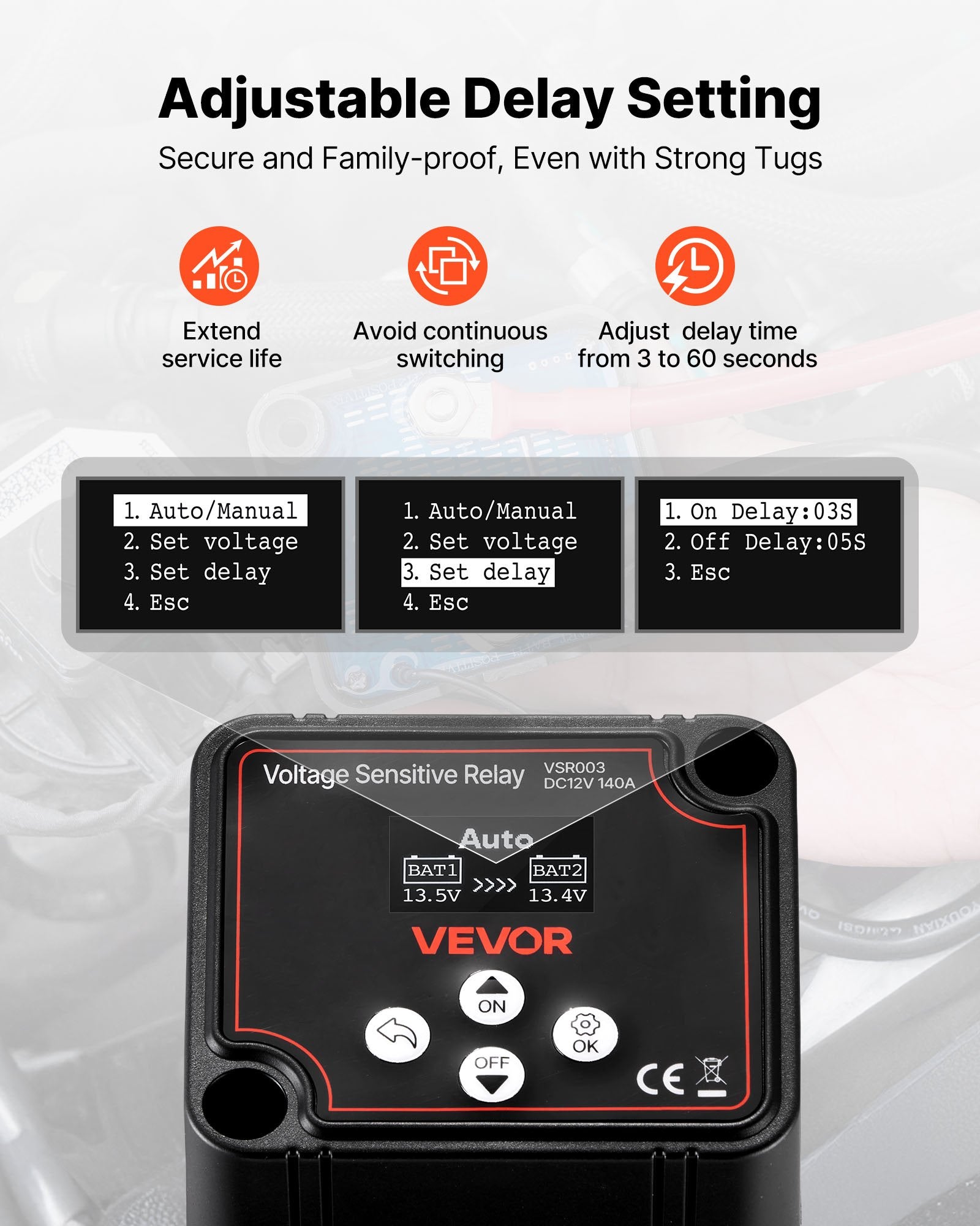 Dual Battery Isolator, 12V 140 Amp, Manual and Automatic VSR Voltage Sensitive Relay with LCD Screen, Smart V952-SDCGLJDQDJQSIRD88001V9