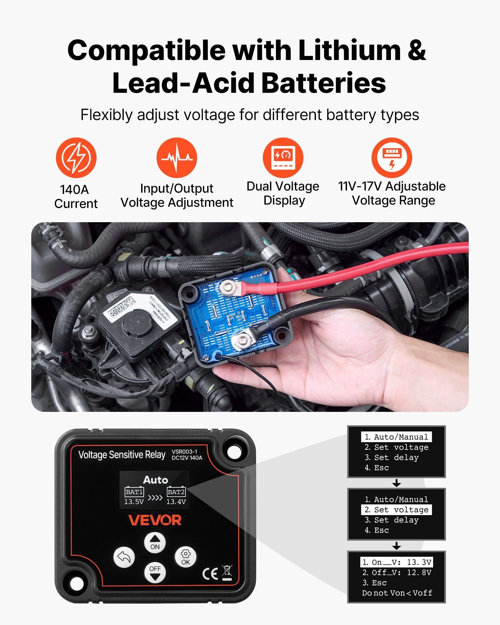 Dual Battery Isolator Kit, 12V 140 Amp, Manual and Automatic VSR Voltage Sensitive Relay with Voltmeter, LCD V952-SDCGLJDQTZQS61YXJ001V9