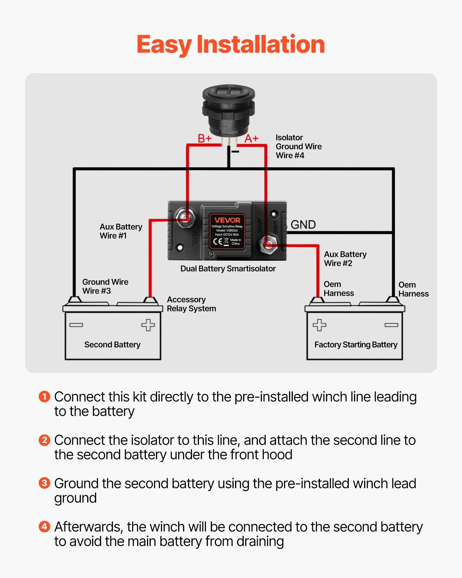 Dual Battery Isolator Kit, 12V 80 Amp, Manual and Automatic VSR Voltage Sensitive Relay with Voltmeter, LCD V952-SDCGLJDQTZQSAGQ2K001V9