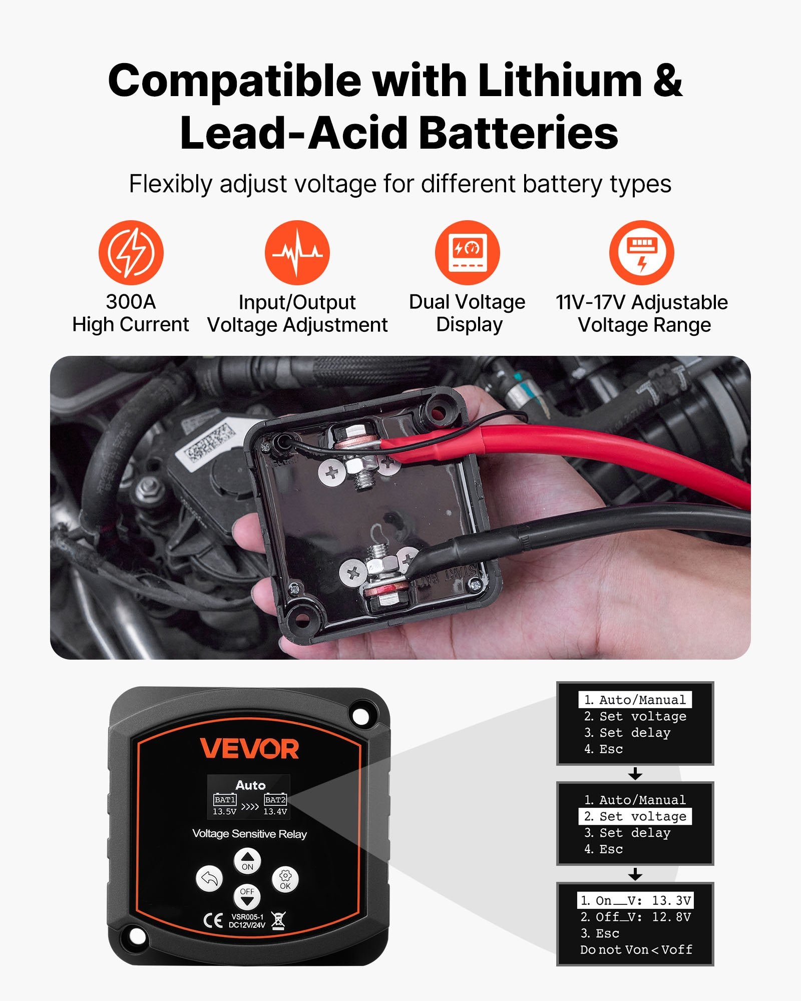 Dual Battery Isolator Kit, 12V 300 Amp, Manual and Automatic VSR Voltage Sensitive Relay with Voltmeter, LCD V952-SDCGLJDQTZQSNH3IF001V9
