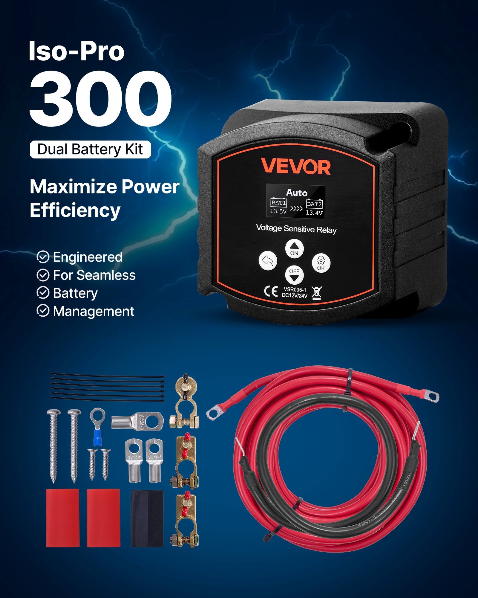Dual Battery Isolator Kit, 12V 300 Amp, Manual and Automatic VSR Voltage Sensitive Relay with Voltmeter, LCD V952-SDCGLJDQTZQSNH3IF001V9