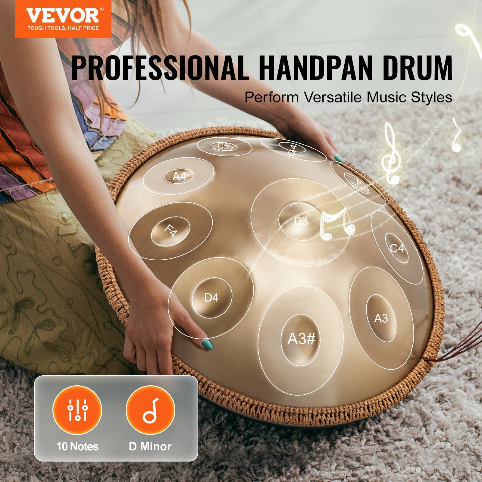 Handpan Drum 22 in 10 Notes D Minor Hand Drum Instrument with Mallet V952-SDG22INCH10YOXTG2V0