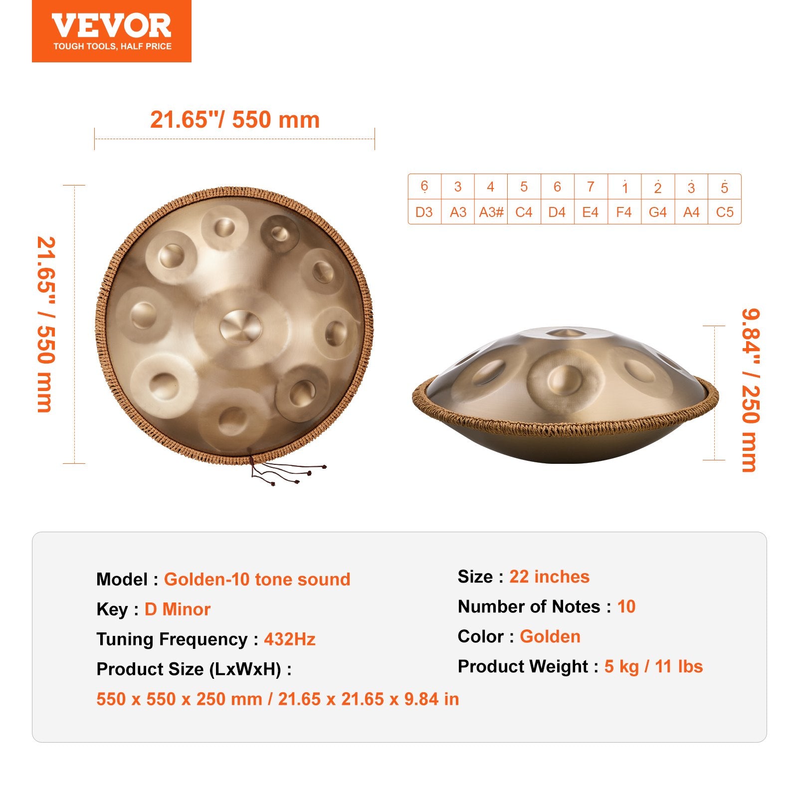 Handpan Drum 22 in 10 Notes D Minor Hand Drum Instrument with Mallet V952-SDG22INCH10YOXTG2V0