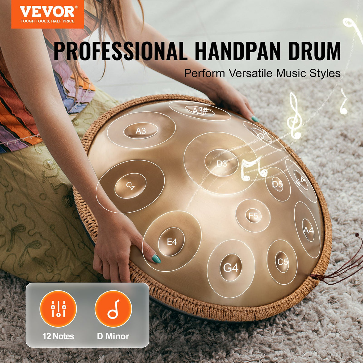 Handpan Drum 22 in 12 Notes D Minor Hand Drum Instrument with Mallet V952-SDG22INCH12Y64Q1KV0