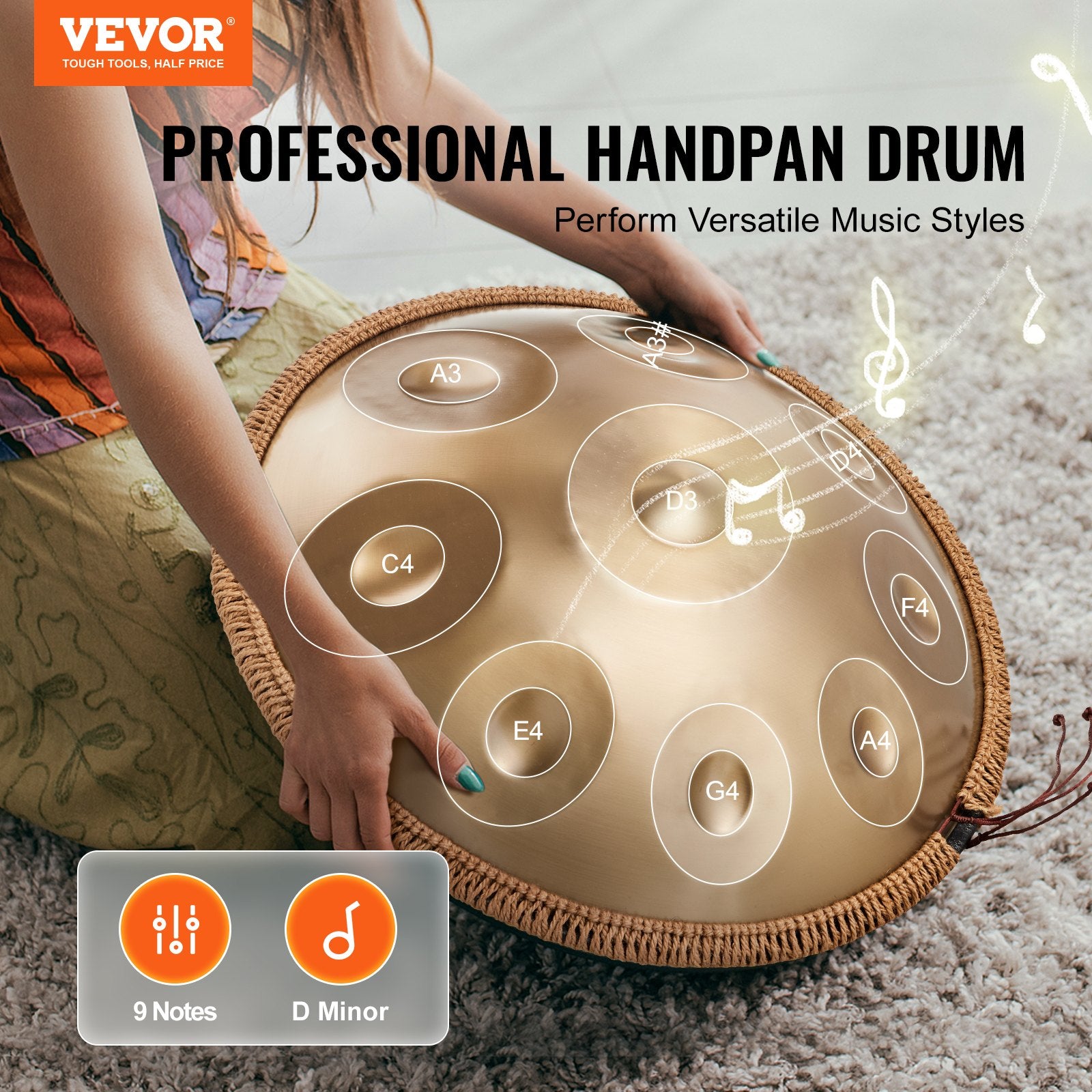 Handpan Drum 22 in 9 Notes D Minor Steel Hand Drum with Mallets for Adult V952-SDG22INCH9YDCVIEZV0